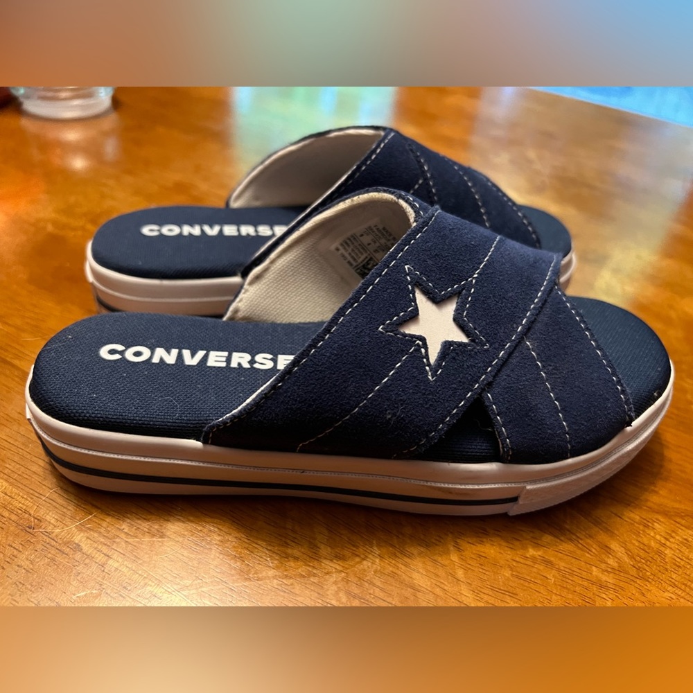 NWOT Converse All Star slides size 6. Deep blue and white. Never worn.